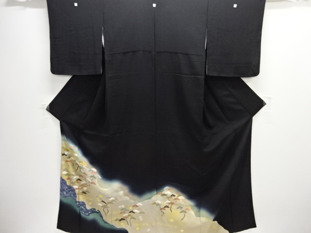 JAPANESE KIMONO / UNUSED TOMESODE / SILK / EMBROIDERY / MICHINAGADORI & PINE / BY MATSUI SEISEI